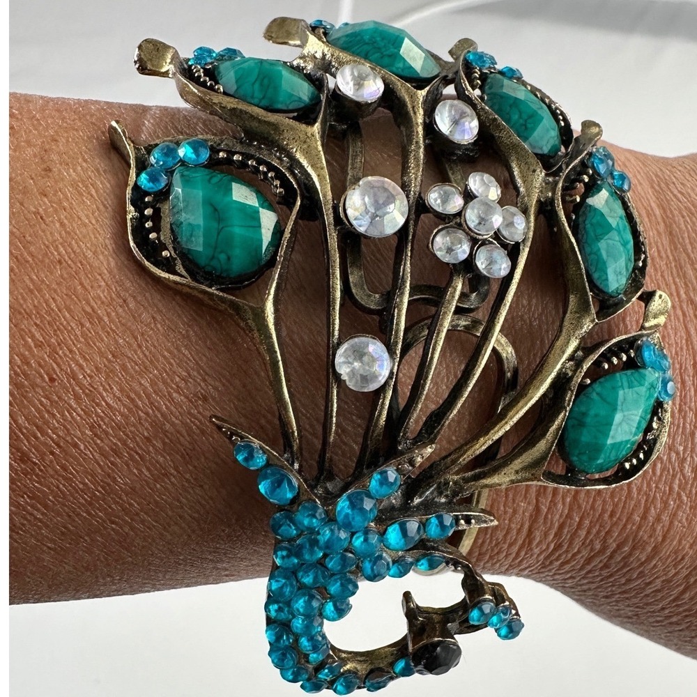 Peacock Cuff Bracelet Vintage Style Teal Faux Malachite Rhinestone Gold Tone